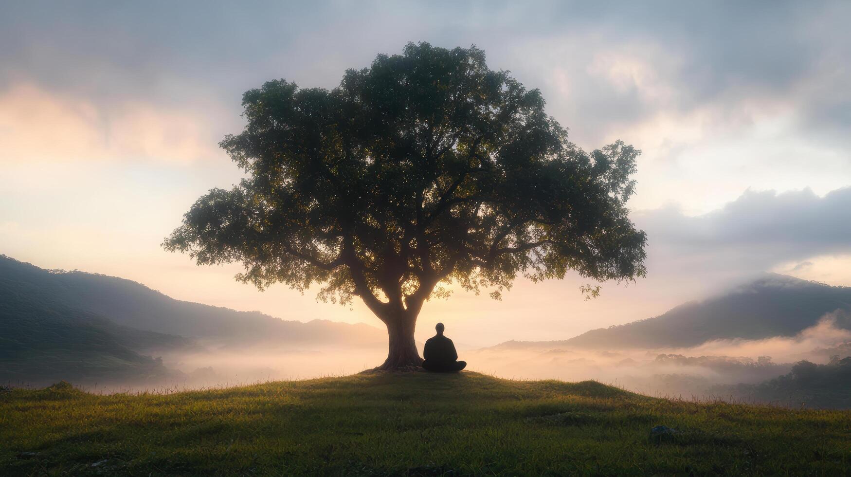 A person sitting under a tree at sunrise photo