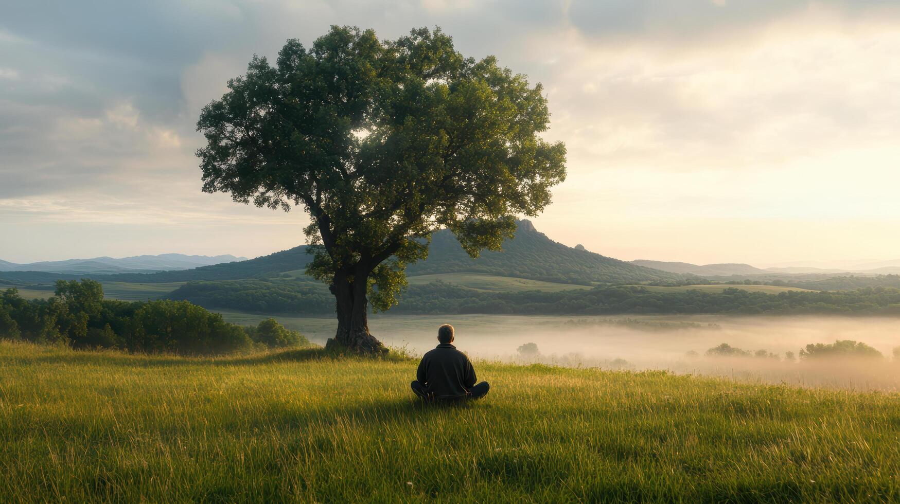 A person sitting under a tree in front of a mountain photo