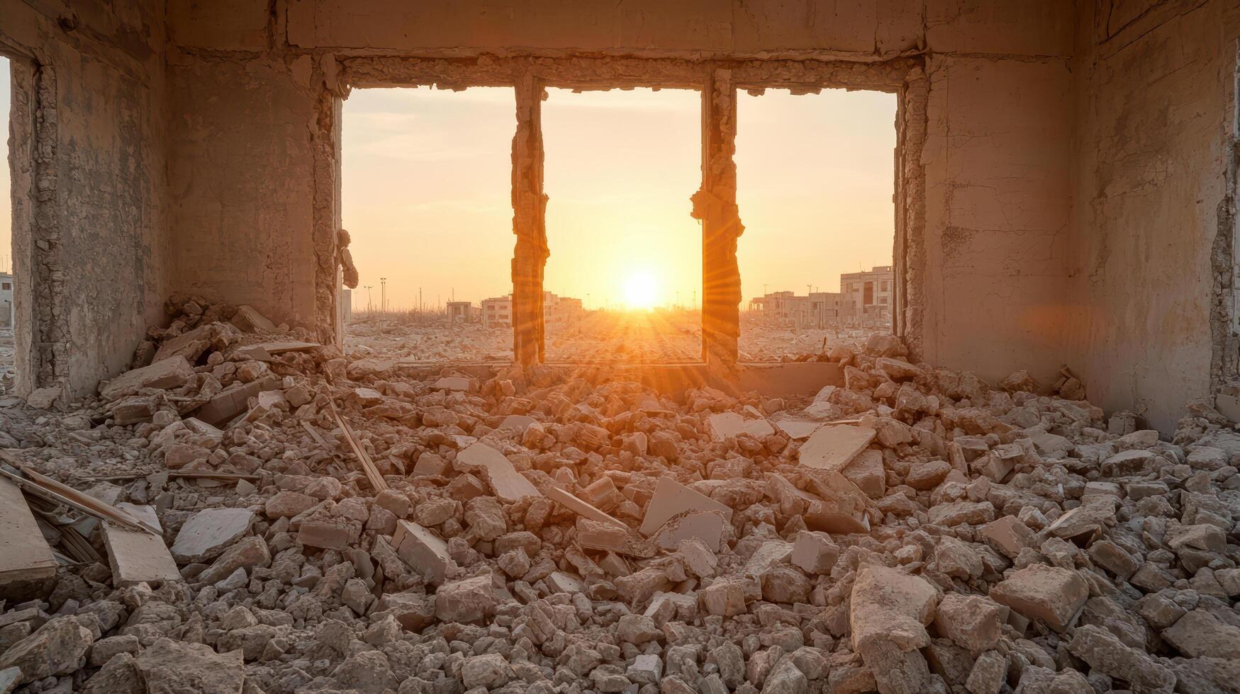 The sun is setting through a window in a destroyed building photo