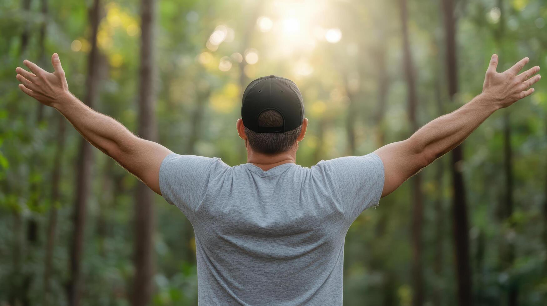 A man with arms outstretched in the forest photo
