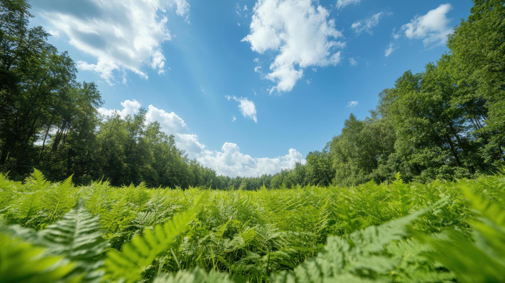 A green field with ferns and trees under a blue sky photo