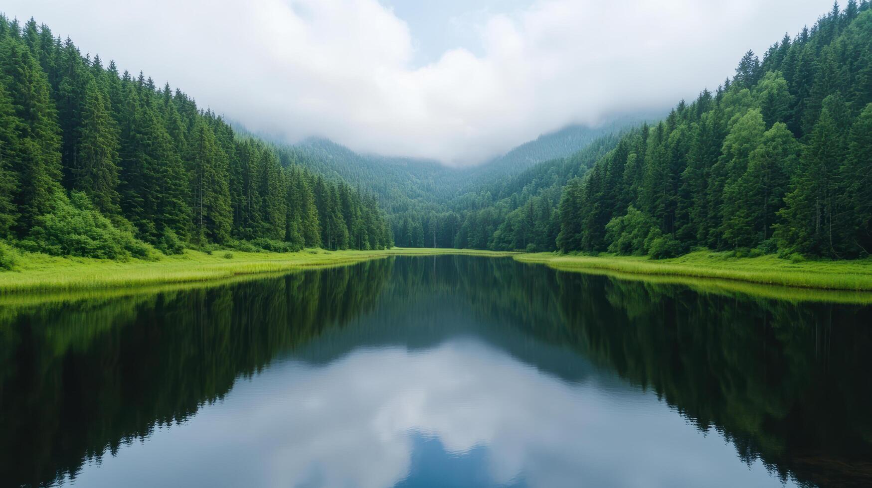 A lake surrounded by green trees and clouds photo