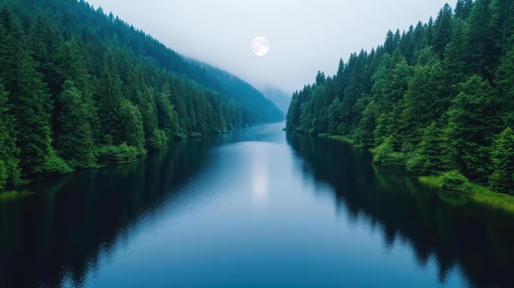 Serene full moon reflects in calm lake, surrounded by lush pine trees and misty mountains photo