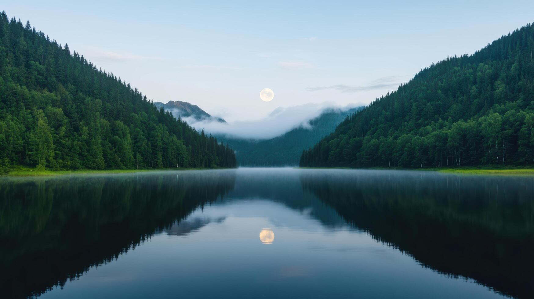 Serene full moon reflected in calm lake, surrounded by lush pine forests and misty mountains photo