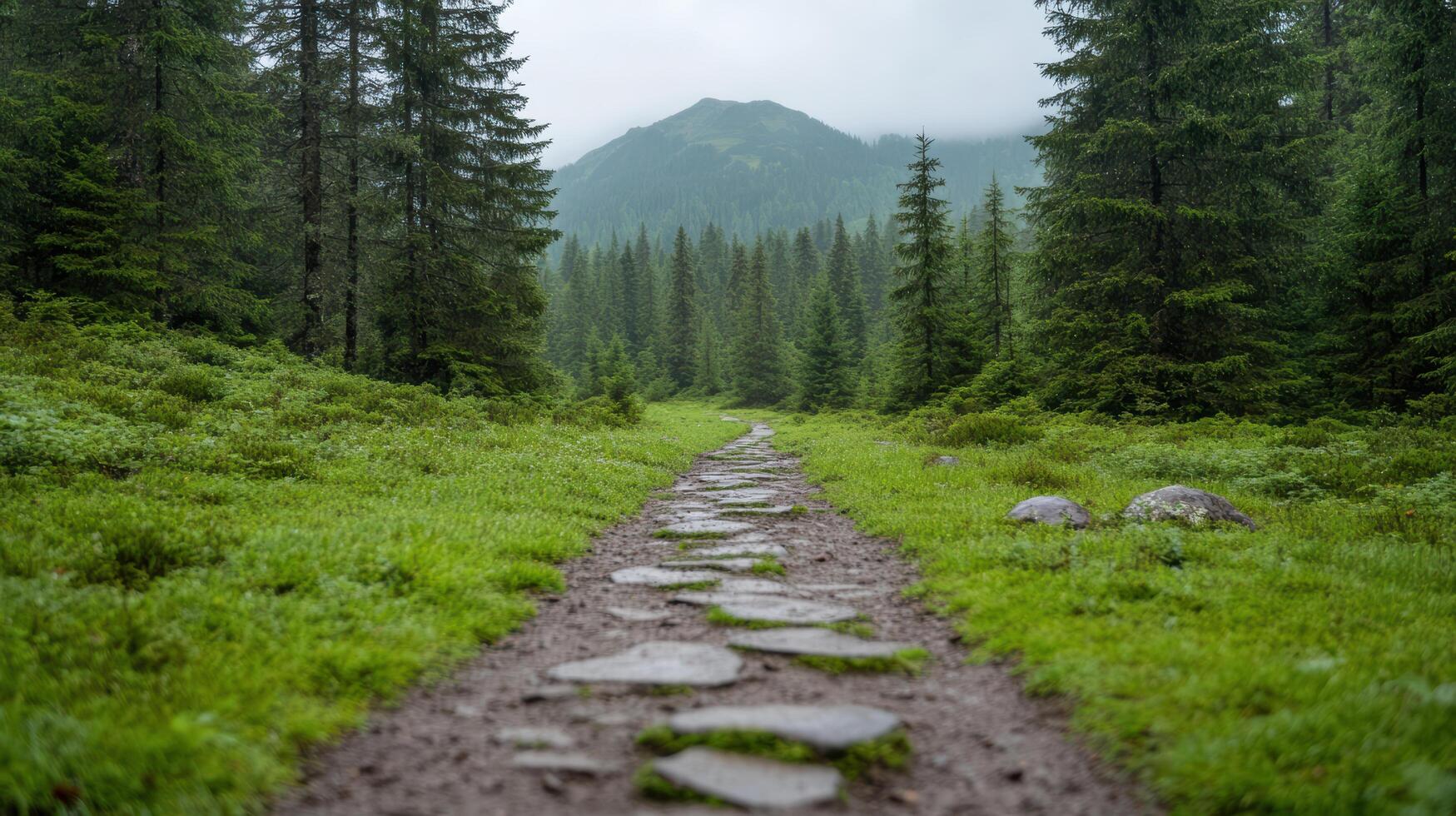 Serene pathway lined with stones leads through lush green forest, surrounded by tall trees photo