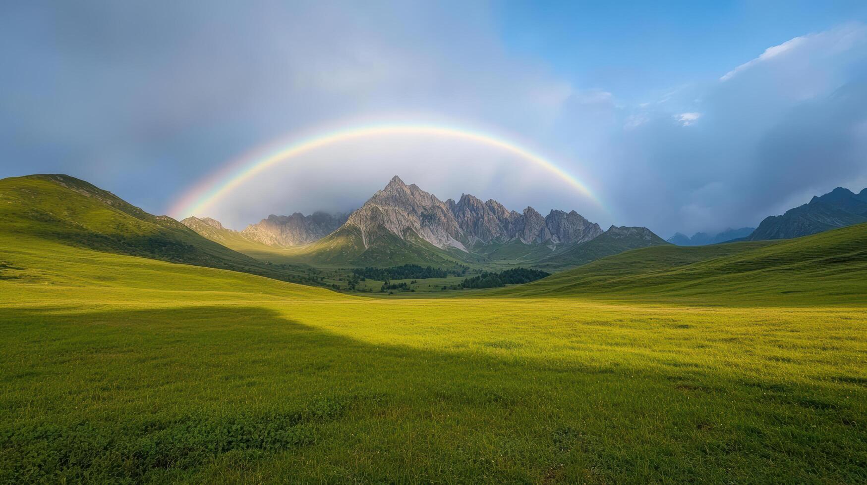 Gentle curve of rainbow arches over lush green meadow, creating serene landscape photo
