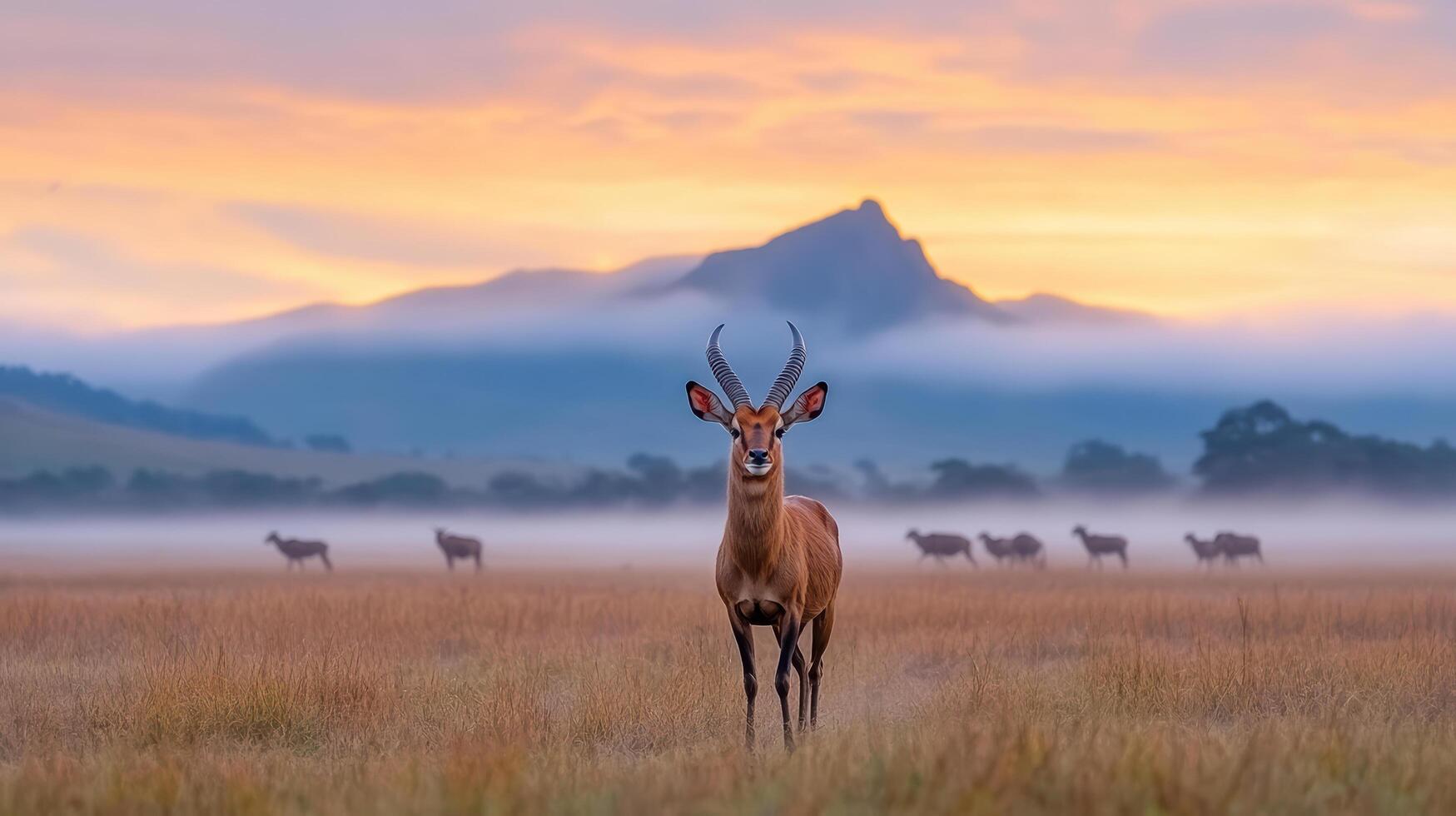 Misty savanna landscape with antelope at sunrise, showcasing nature beauty and tranquility photo
