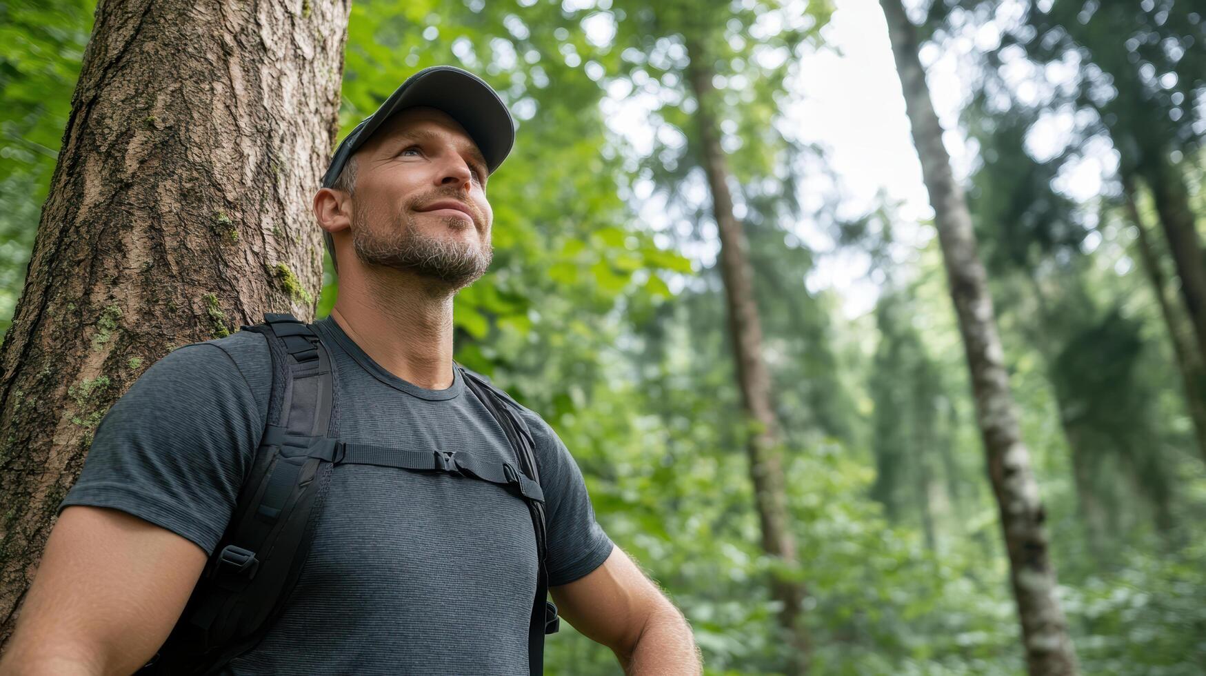Hiker pausing beside tree, enjoying nature and reflecting in forest photo