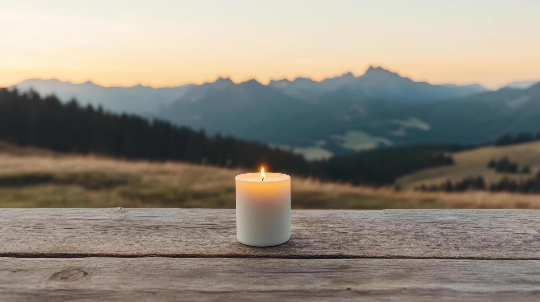 Candle glowing softly on wooden table with stunning mountain view at sunset photo
