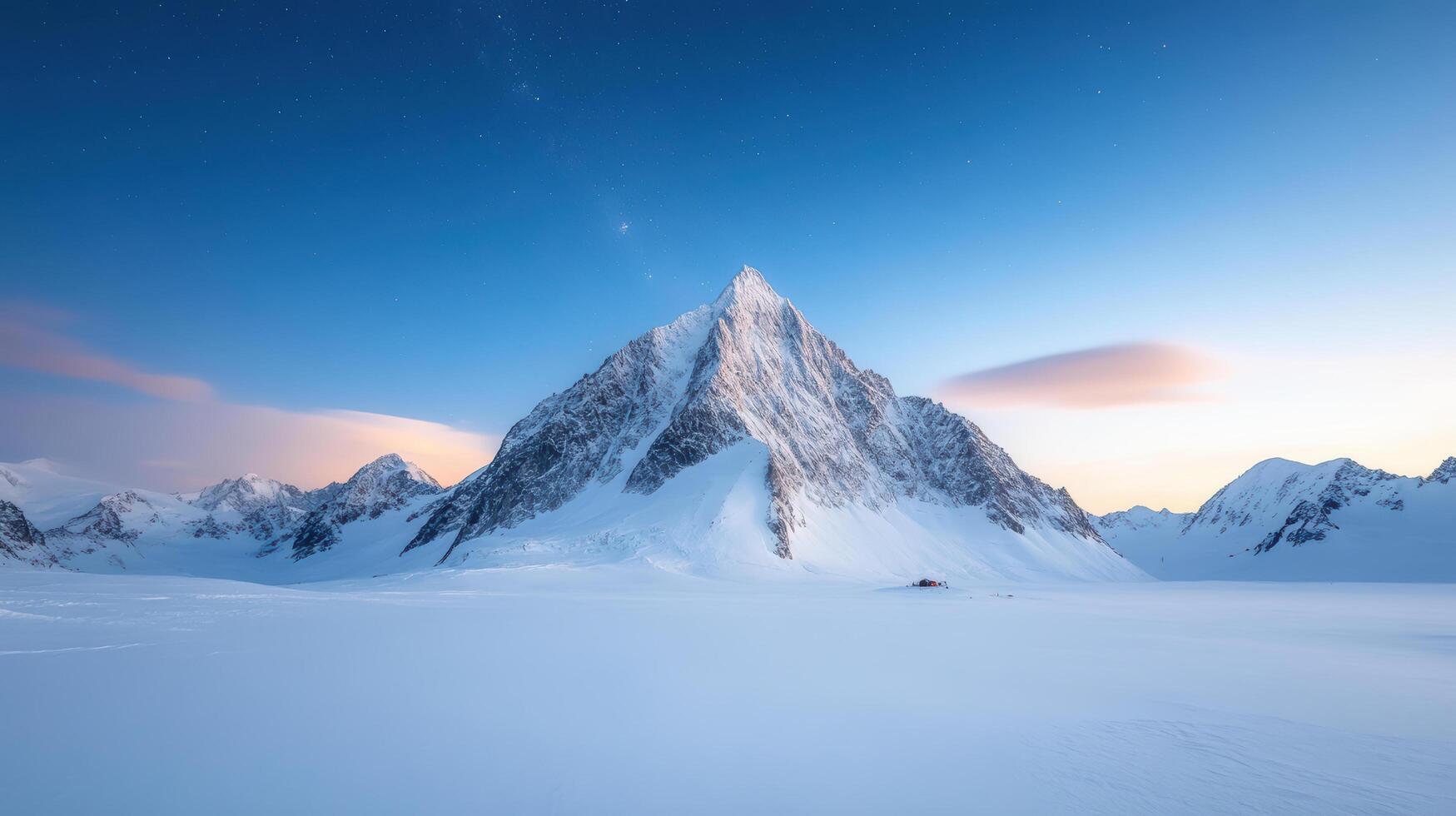 Majestic mountain peak surrounded by snow and blue sky, creating serene atmosphere photo