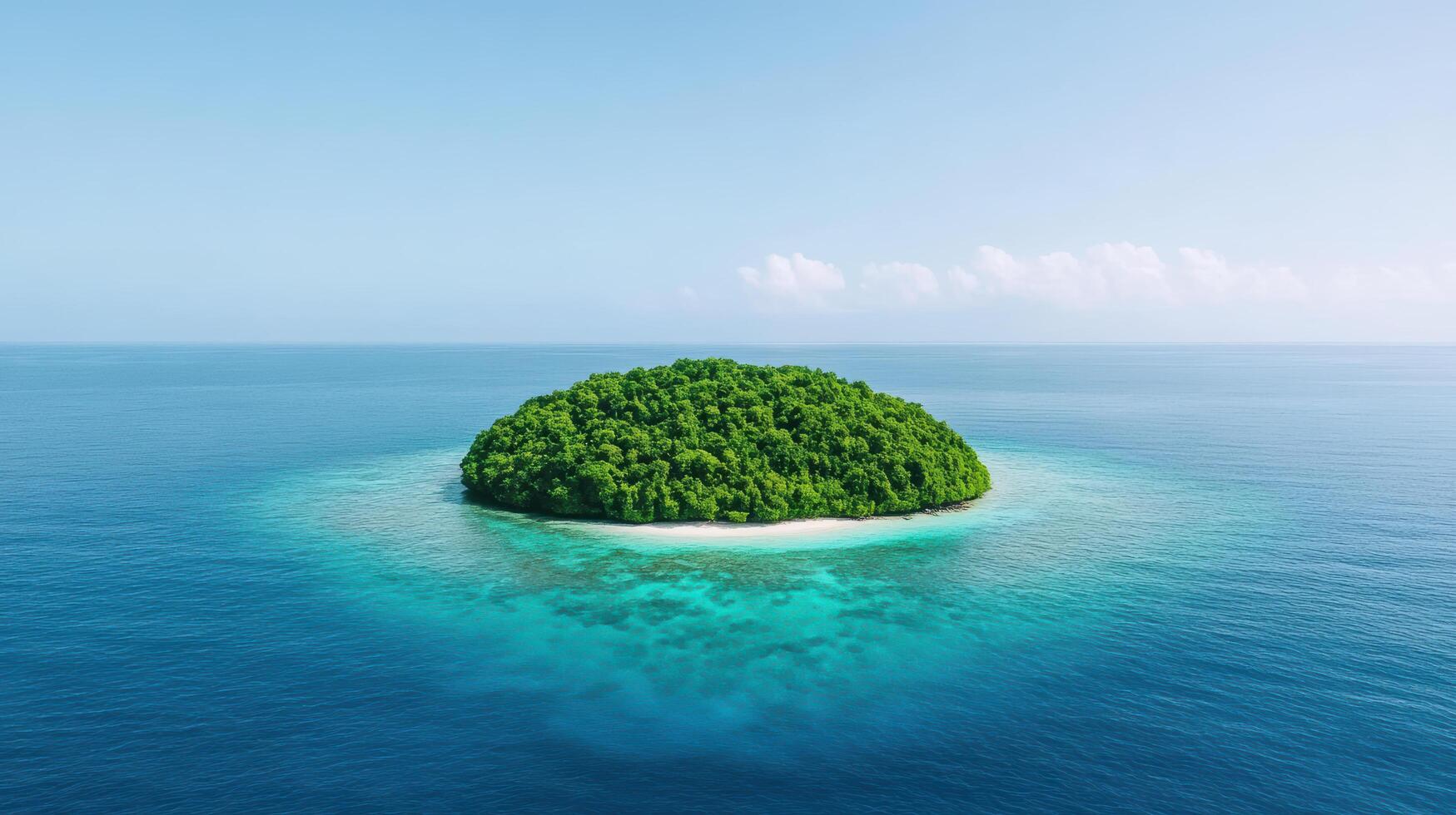 Lush island surrounded by calm ocean waters, showcasing vibrant greenery and tranquility photo
