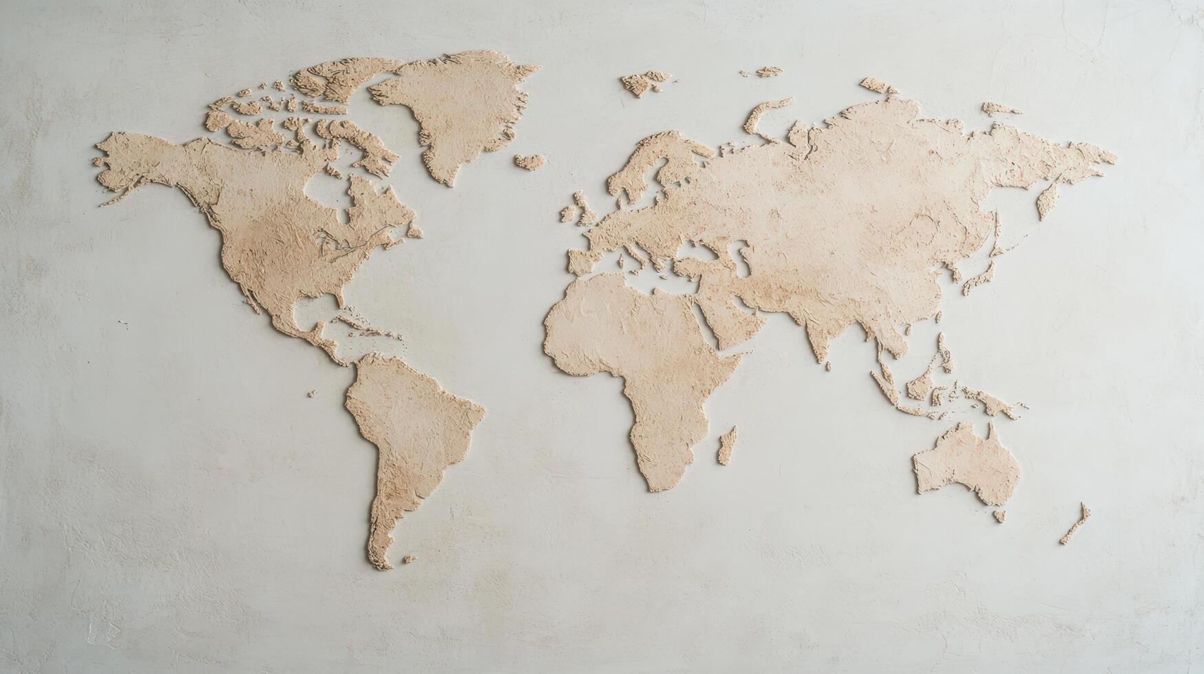 World map, continents, textured wall art, natural colors, decorative design photo