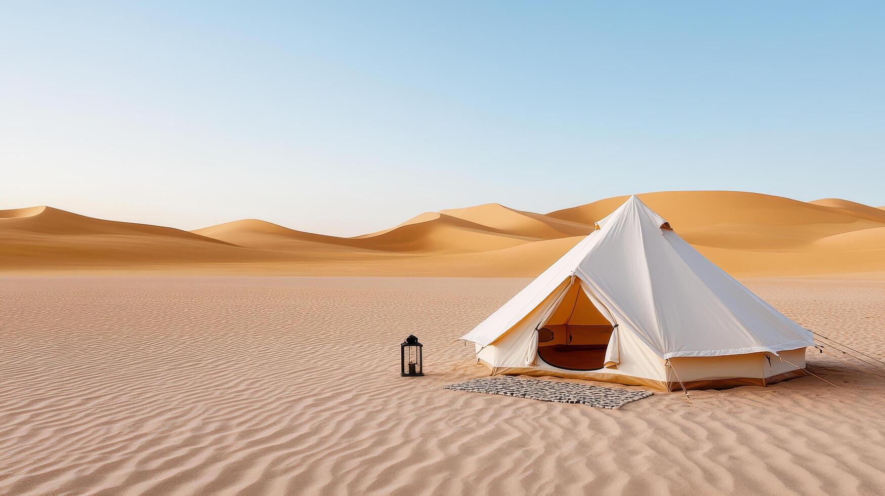 Minimalist tent setup in serene desert landscape, surrounded by golden dunes and clear blue sky photo