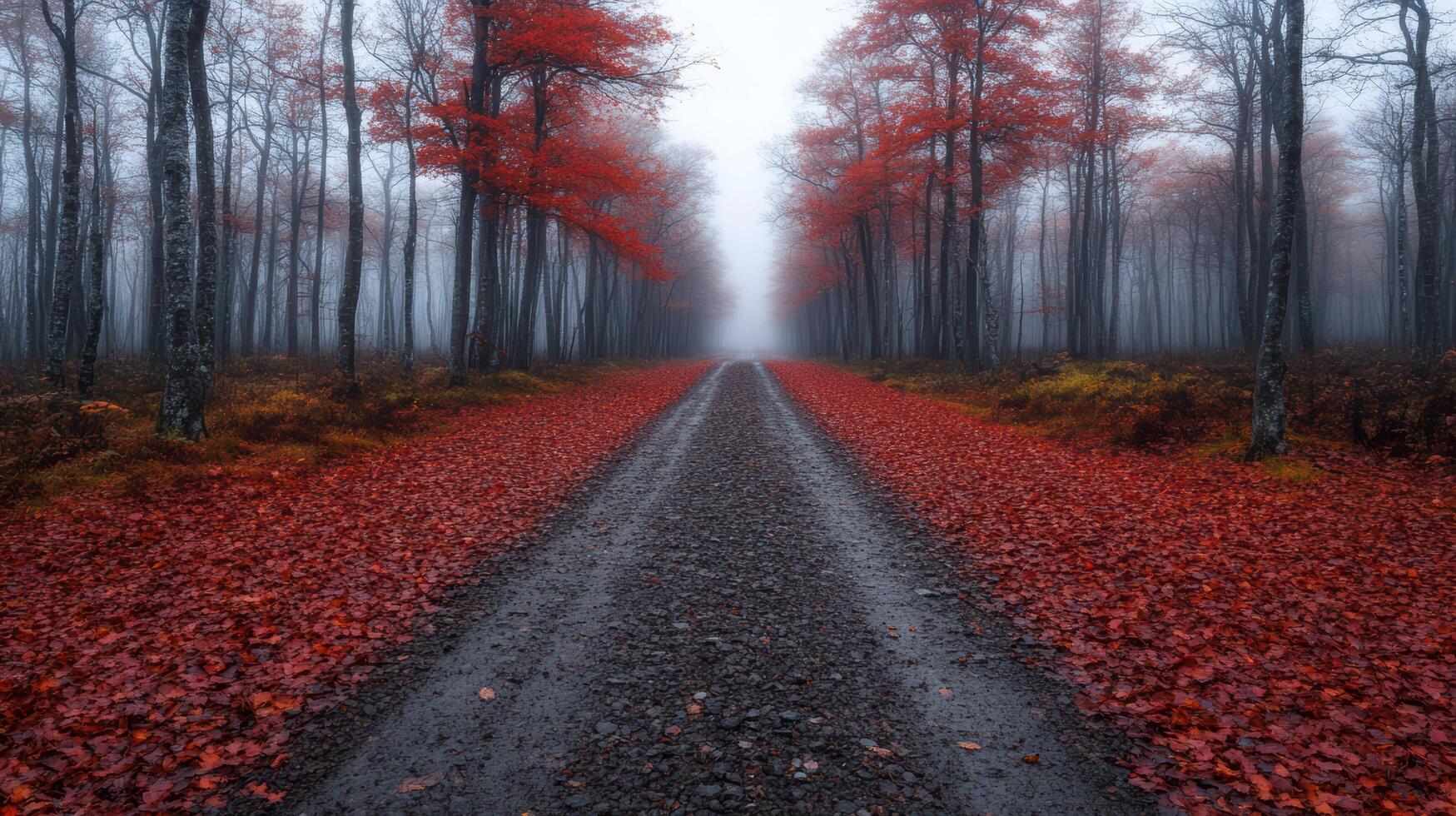 Vibrant red leaves cover misty forest trail, creating serene and enchanting atmosphere photo