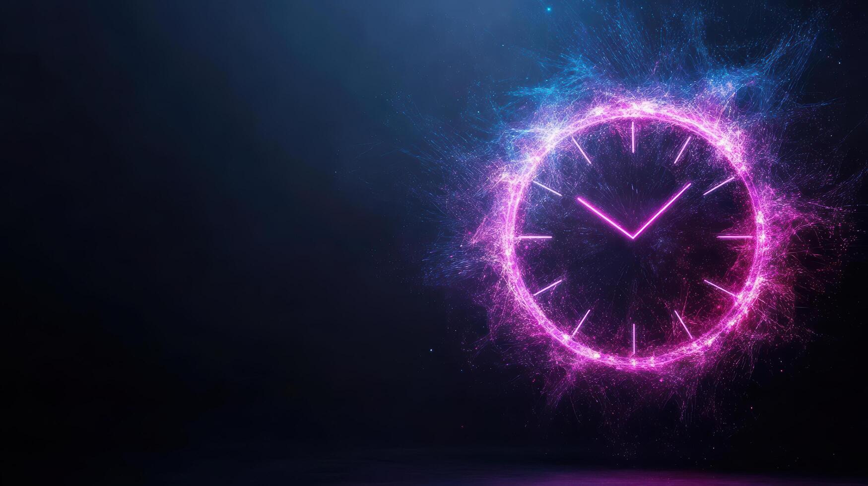 Vibrant clock design with glowing pink and blue particles symbolizes time and creativity photo
