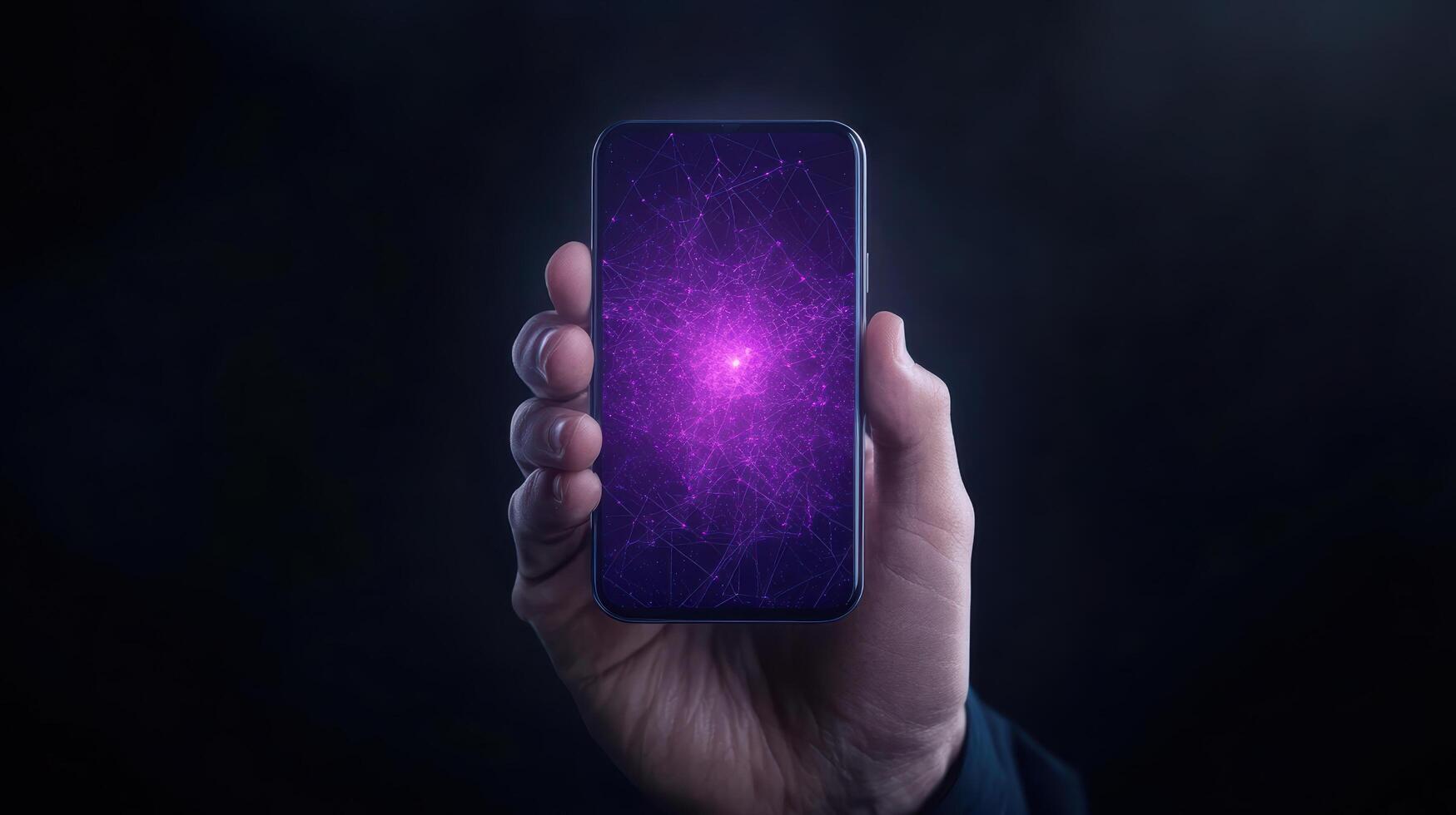 Hand holding smartphone displaying vibrant purple abstract design, symbolizing technology photo