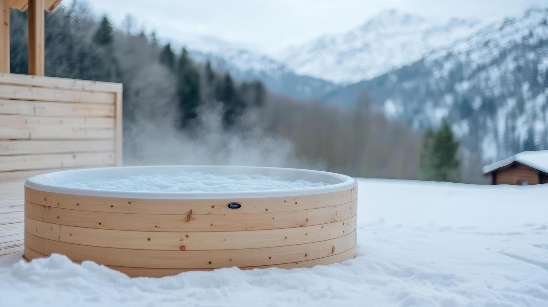 Steamy wooden hot tub in snowy landscape with mountains in background, creating serene retreat photo