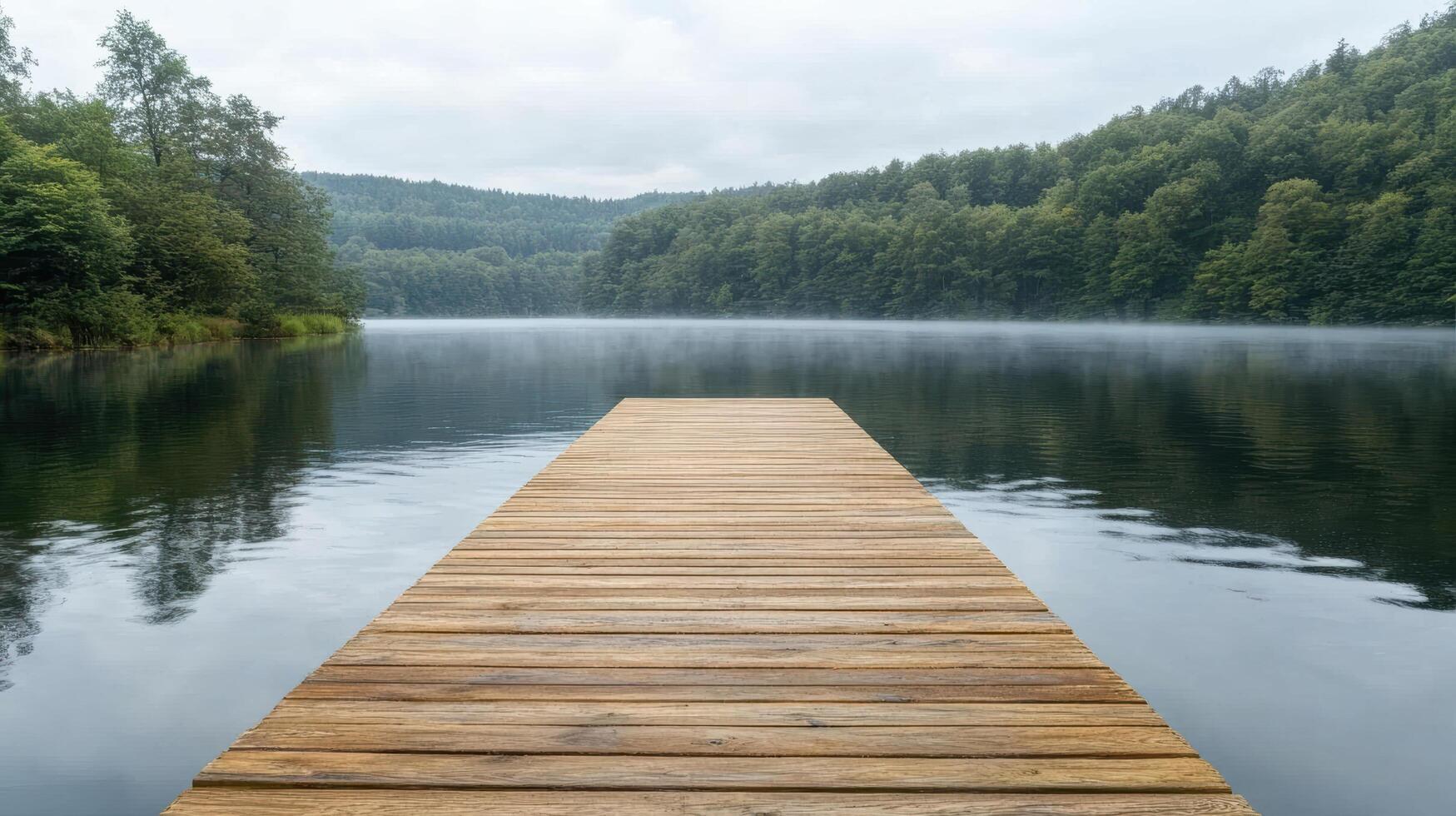Wooden dock extending into calm water with misty forest backdrop creates serene atmosphere photo