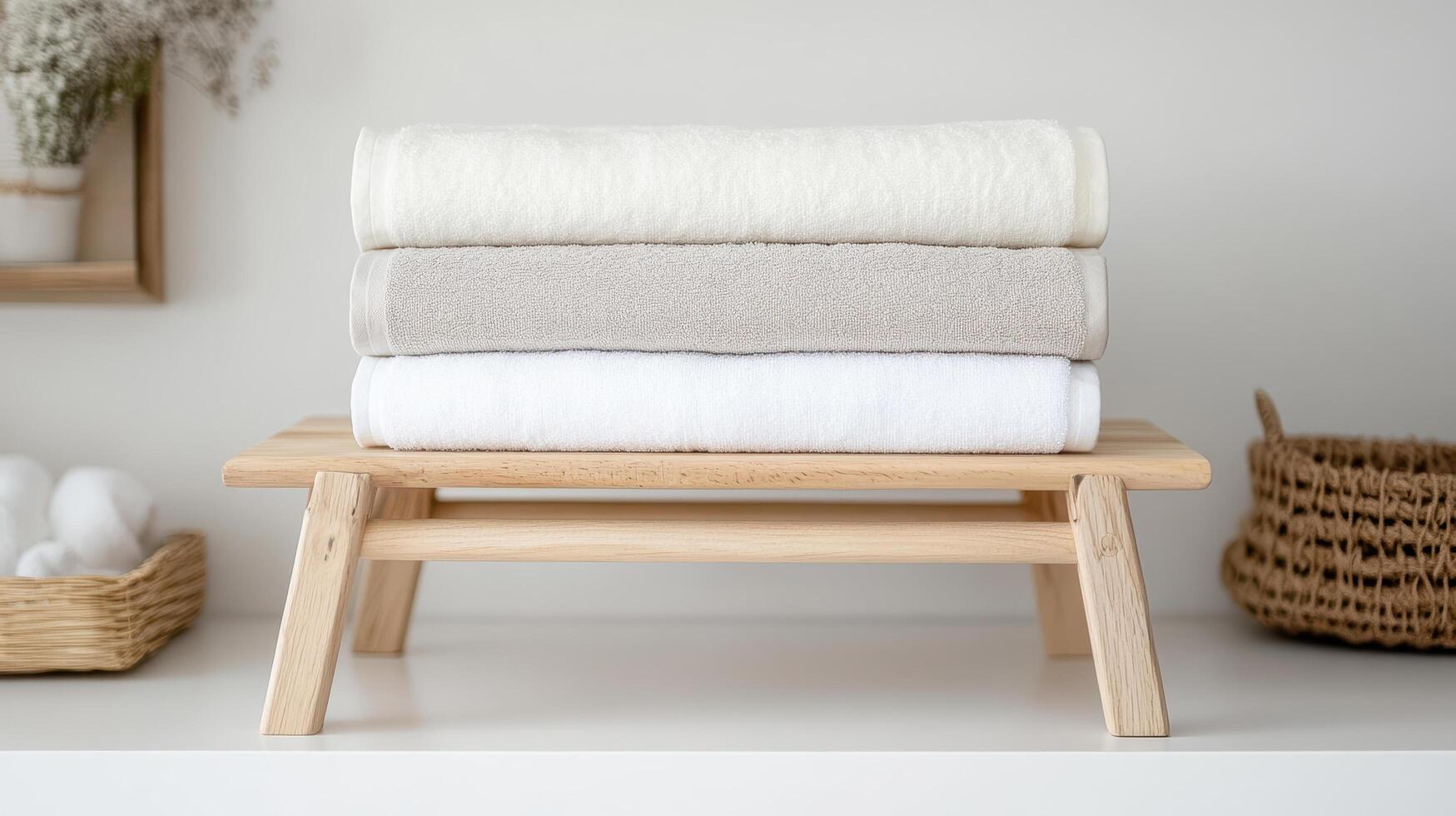 Soft towels stacked on wooden drying rack, creating serene and organized space photo