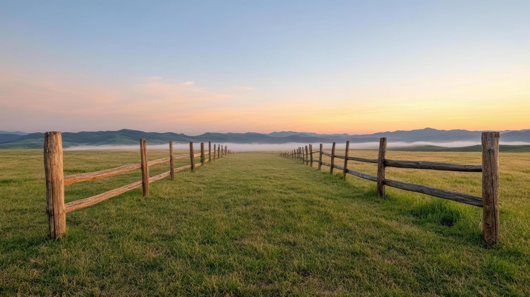 Golden fog envelops wooden fence line stretching into horizon at sunrise photo