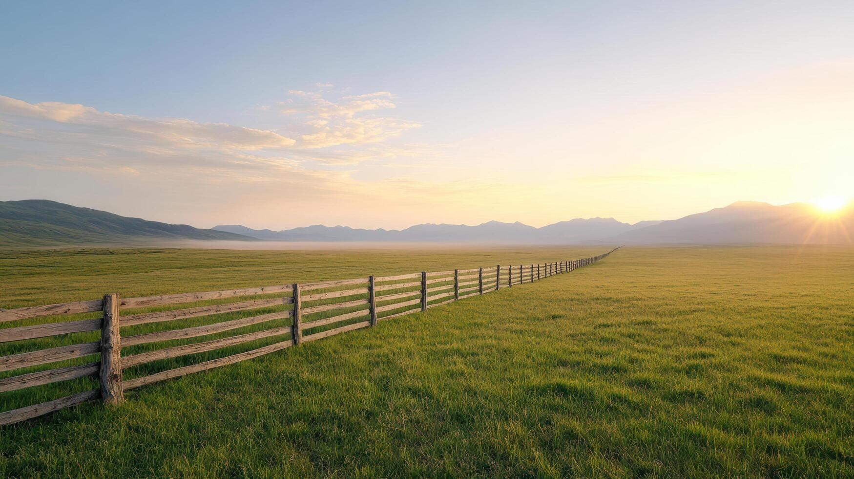 Wooden fence line stretches across vast green field clear sky, evoking sense of tranquility photo
