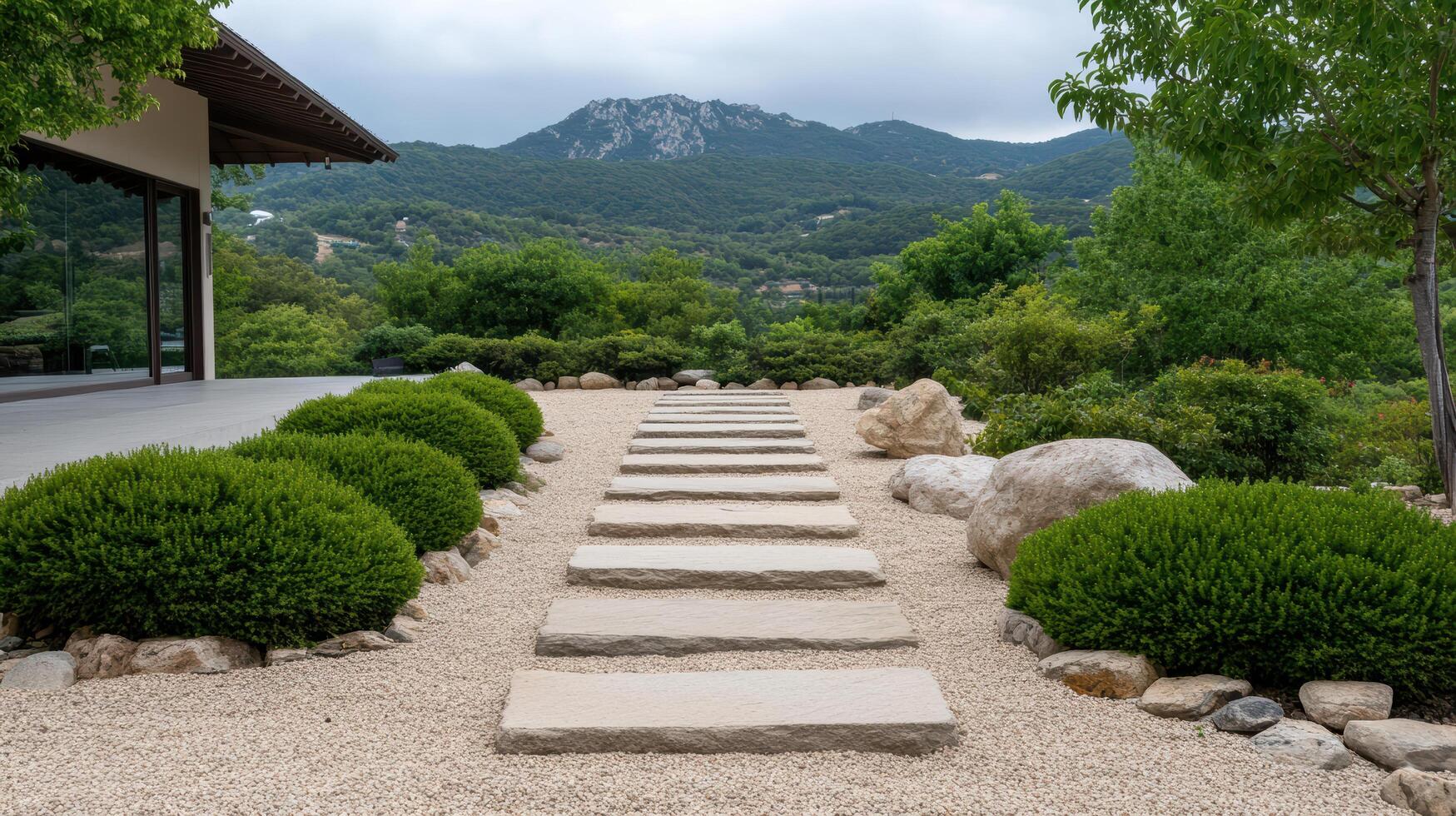 Serene stone path leading through zen garden with lush greenery and mountains in background photo