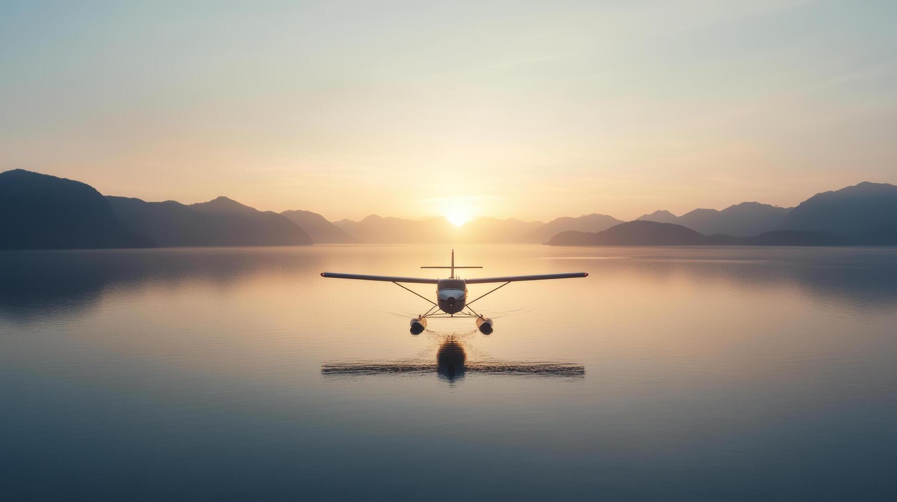 Seaplane gliding over calm waters at sunset, surrounded by mountains, creates serene atmosphere photo