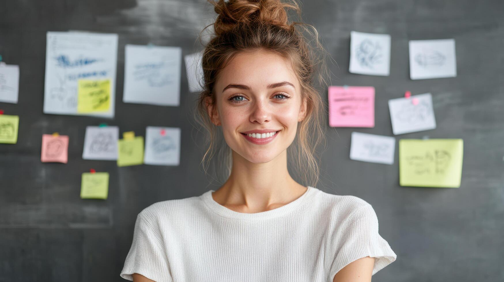 Smiling woman with creative background of sticky notes photo