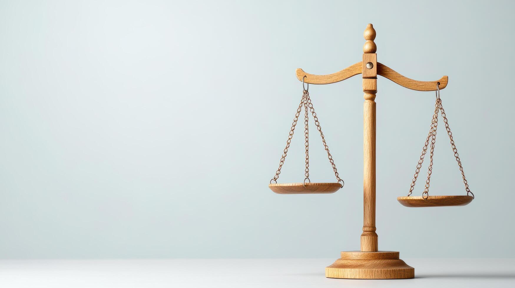 Wooden balance scale symbolizes justice and fairness, standing elegantly against light photo
