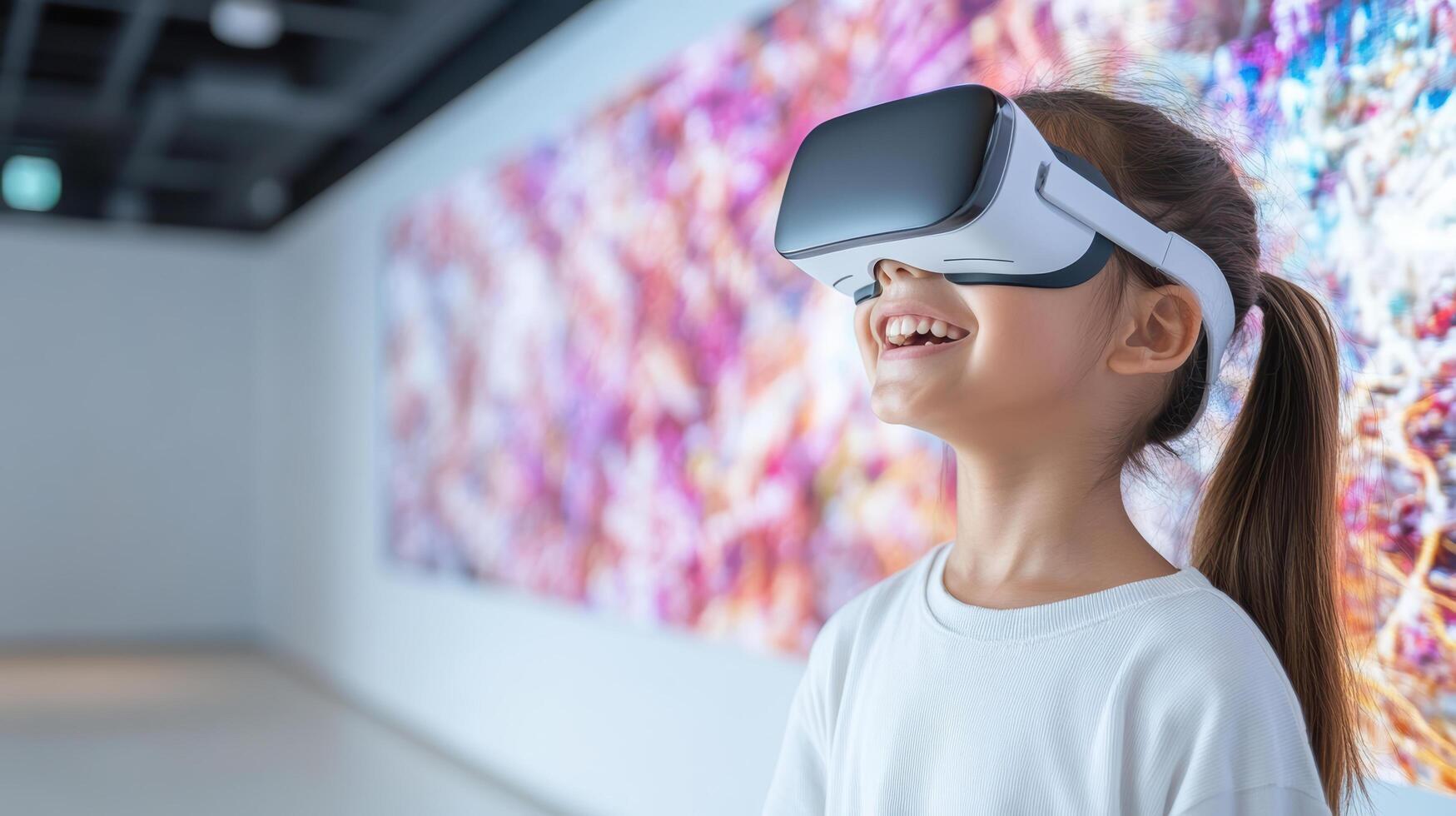 Young girl wearing virtual reality goggles smiles joyfully in art gallery photo
