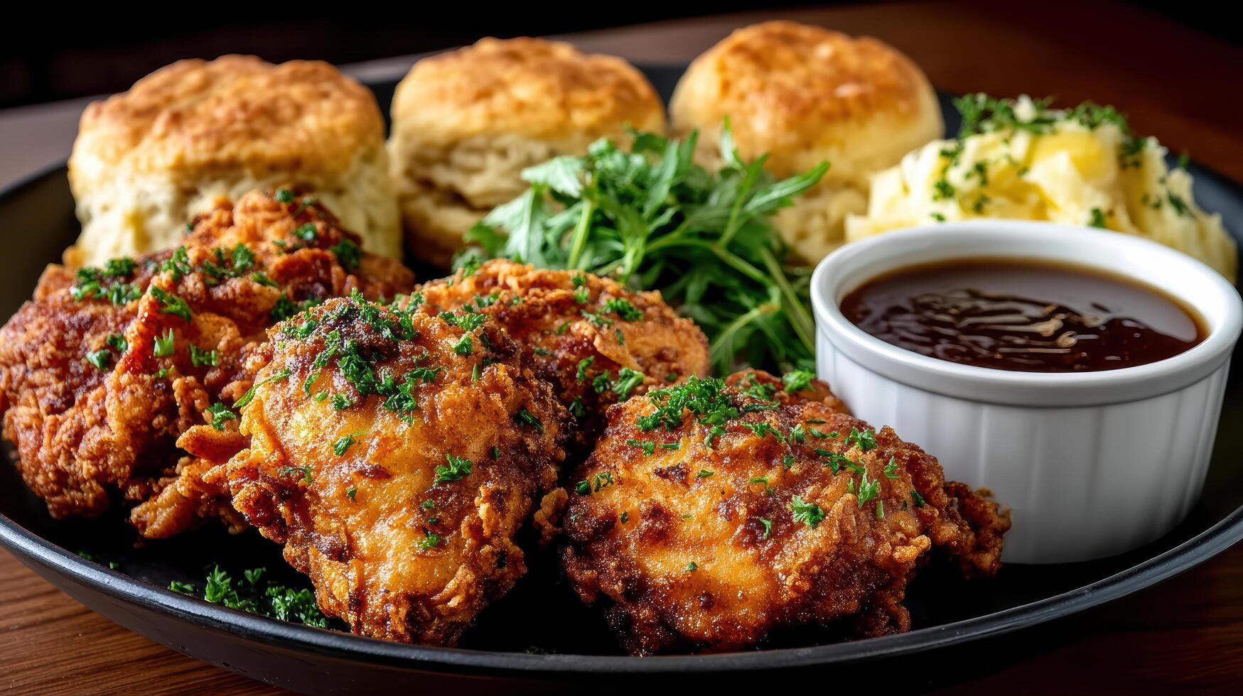 A plate of chicken and biscuits with gravy photo