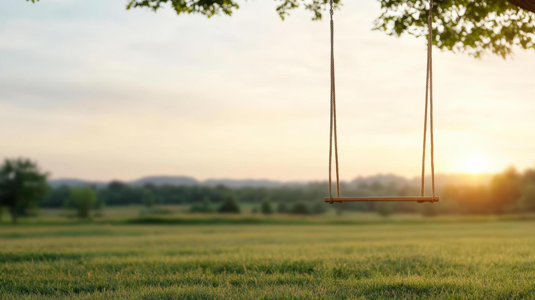 A swing hanging from a tree in a field photo