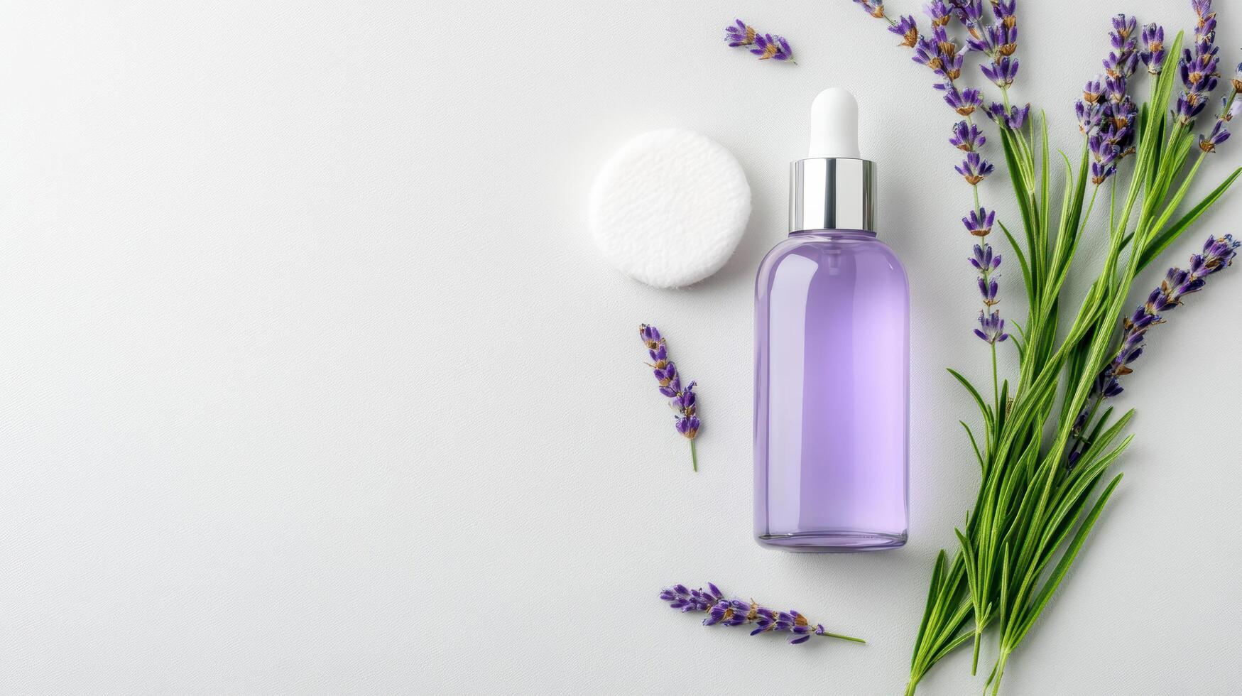 Lavender toner bottle with cotton pad and fresh lavender sprigs, perfect for skincare routines photo