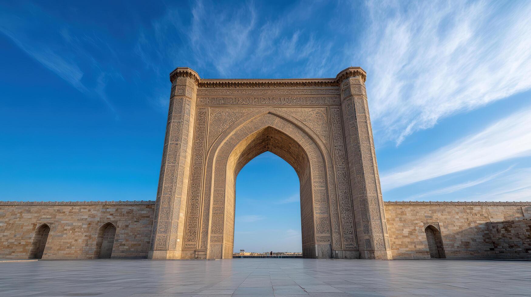 Intricate carvings on monumental gateway under blue sky create stunning view photo