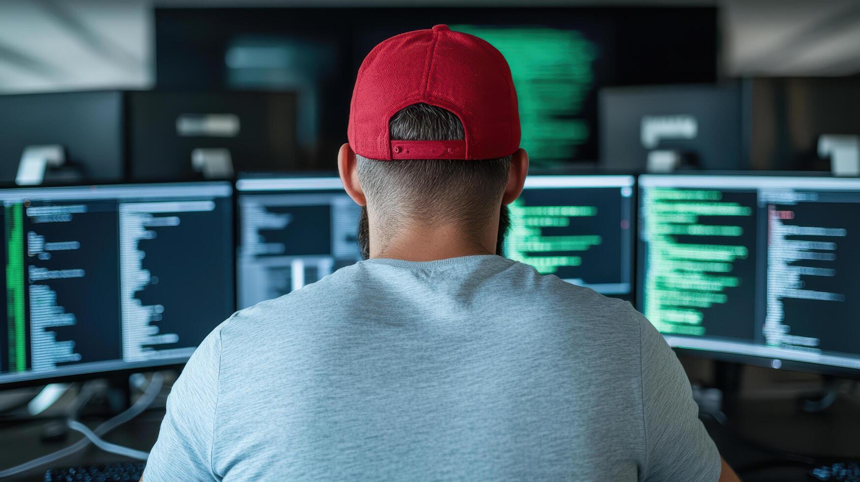 Analyzing dark web activity, person in red cap focuses on multiple screens displaying code photo