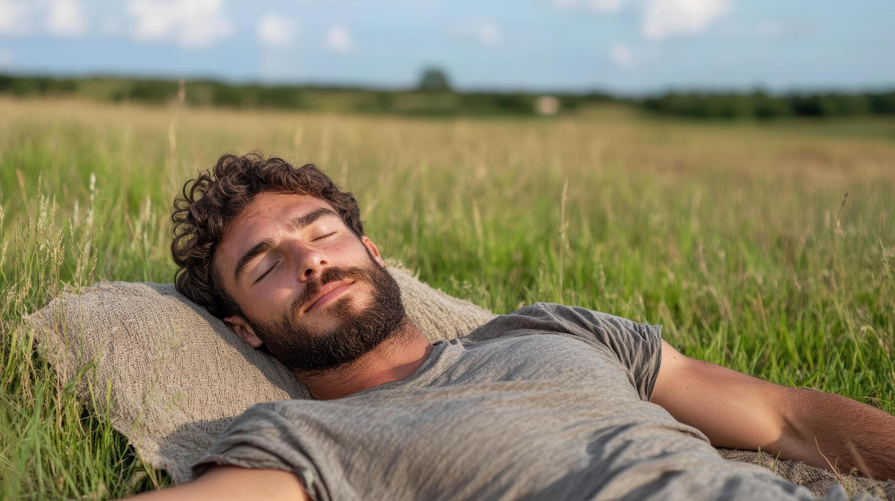 Relaxing man lying on blanket in grassy field, enjoying peaceful afternoon nap photo