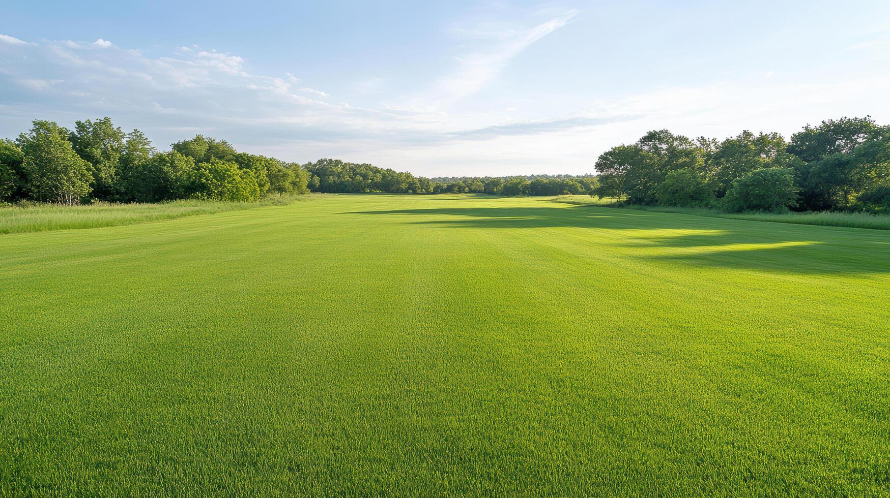 Lush green meadow with vibrant grass under clear blue sky, creating serene atmosphere photo