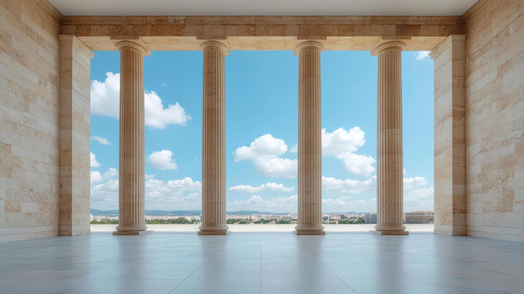 Ancient columns create stunning view of sky and landscape beyond, evoking sense of grandeur photo
