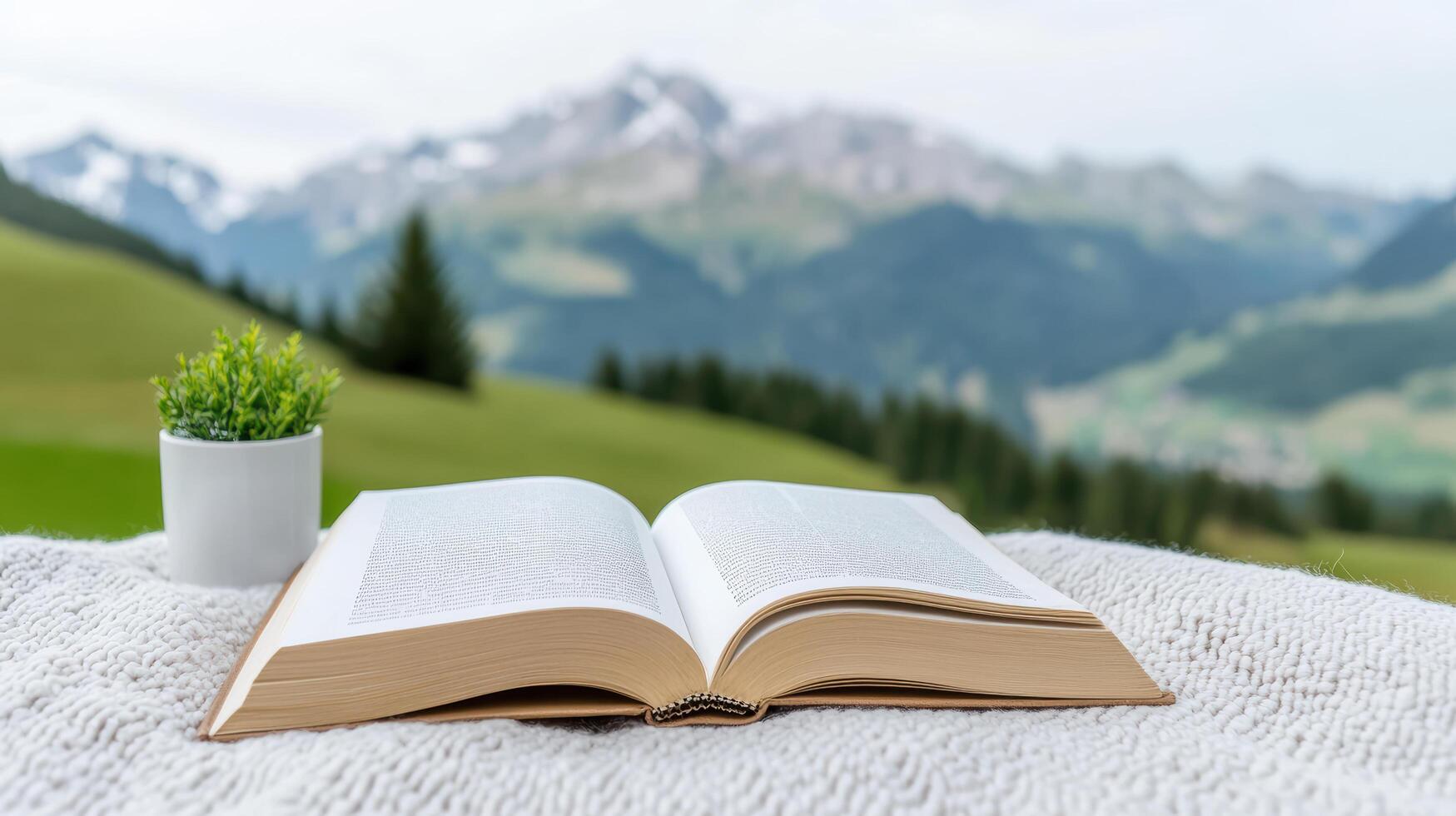 Open book rests cozy blanket, surrounded by serene alpine view, evoking sense of tranquility photo