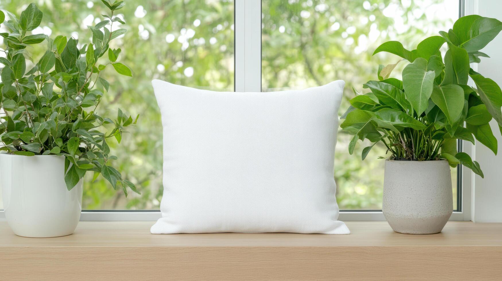 Serene window seat features white cushion flanked by lush green plants, creating calming photo