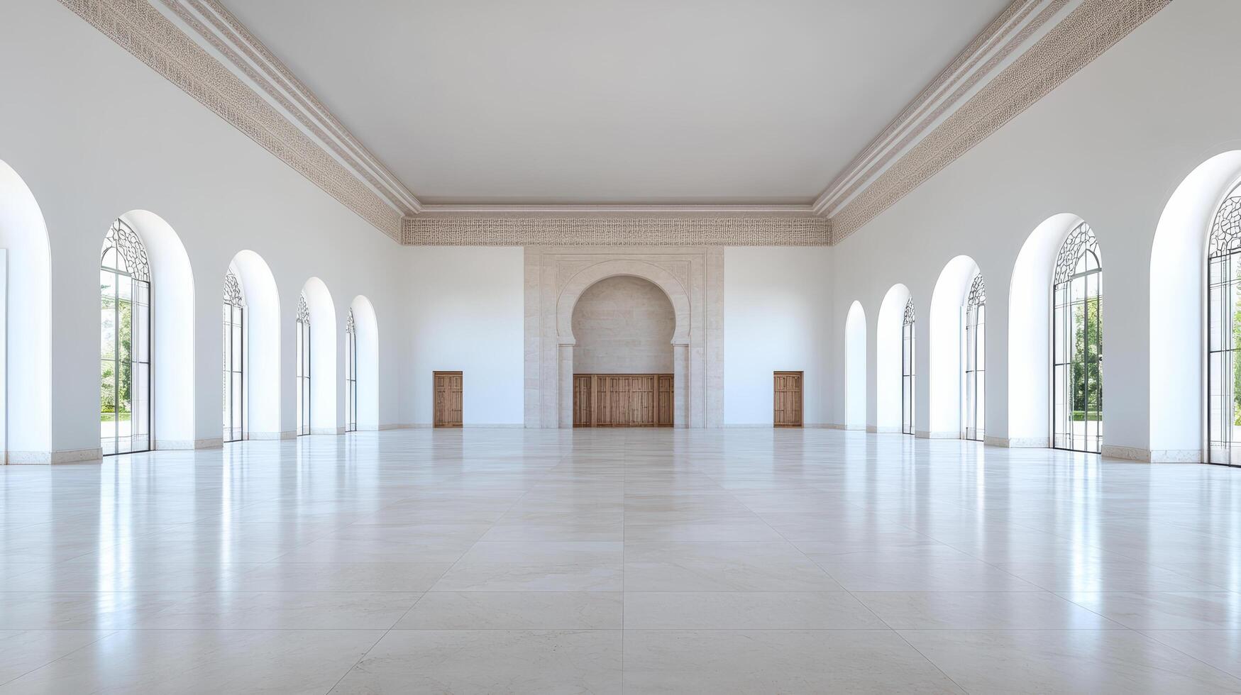 Spacious interior view of minimalist royal chamber featuring elegant arches and light colors photo