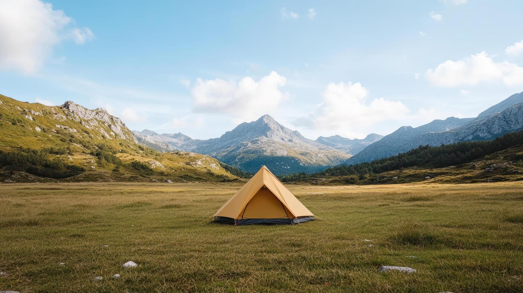 Yellow tent stands alone in vast meadow surrounded by majestic mountains and blue skies photo