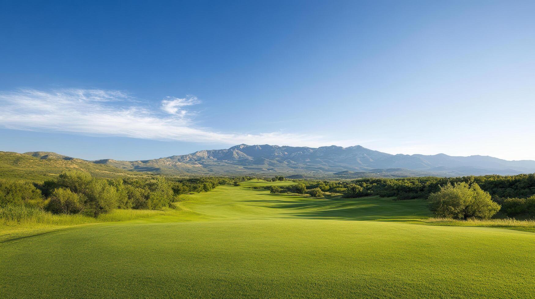 Lush green golf course landscape with mountains in background under clear blue sky photo