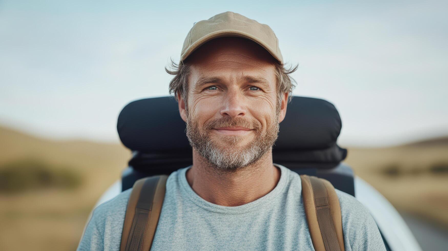 Adventurous traveler with backpack smiling in nature, enjoying outdoors photo