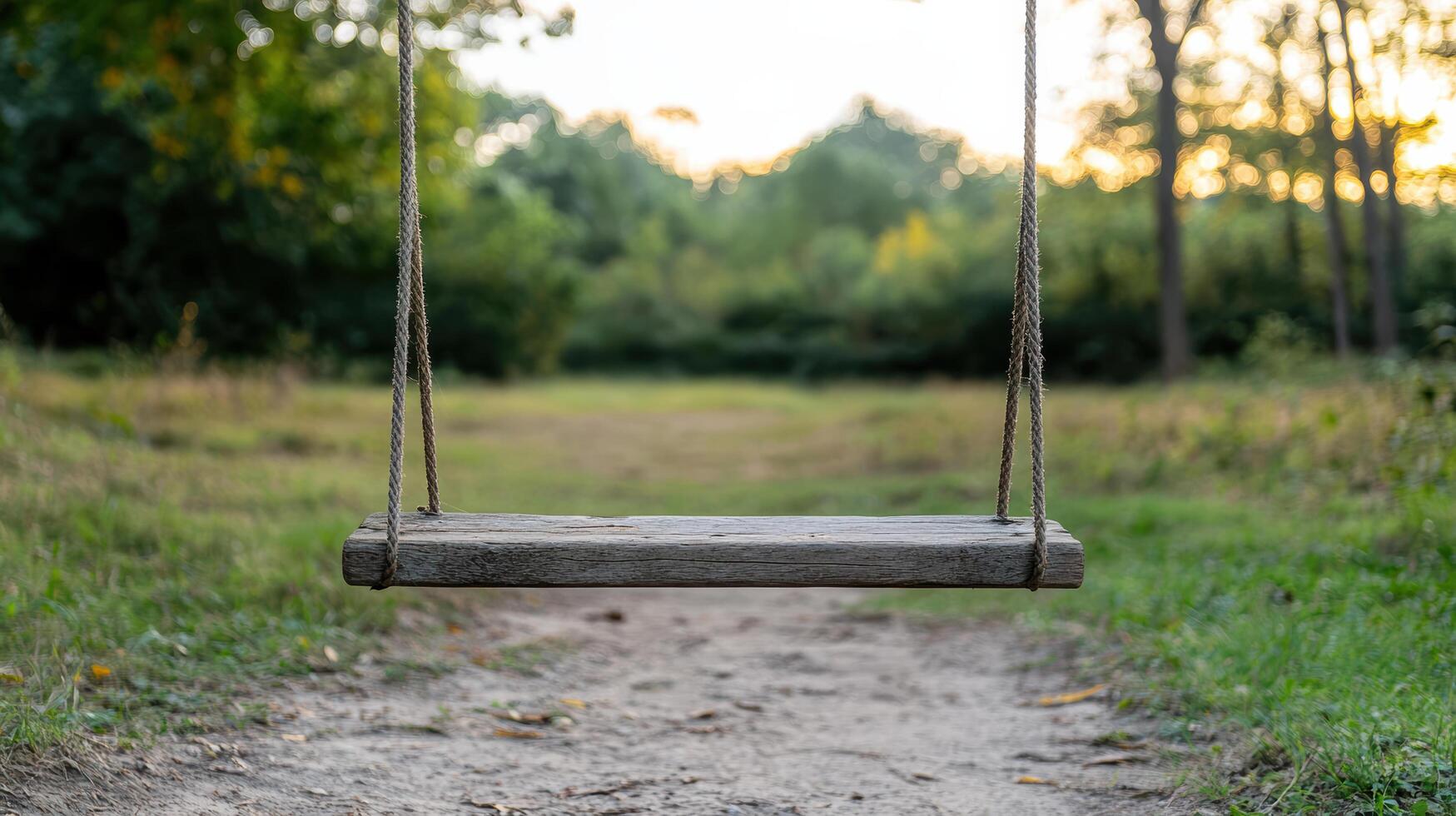 Rustic wooden swing hangs from ropes in serene forest path, illuminated by golden hour light photo