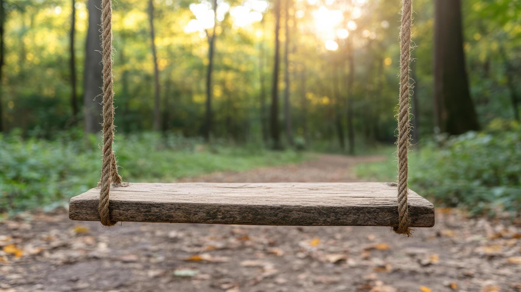 Rustic wooden swing hangs in serene forest path, illuminated by golden hour light photo
