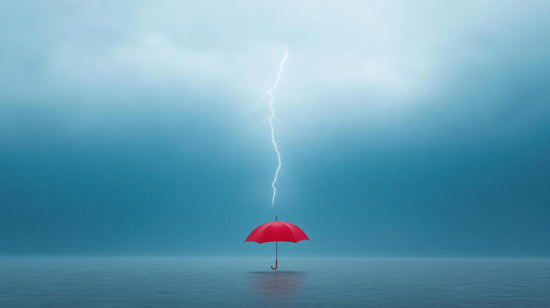 Vibrant red umbrella stands alone in stormy landscape, illuminated by striking lightning bolt photo