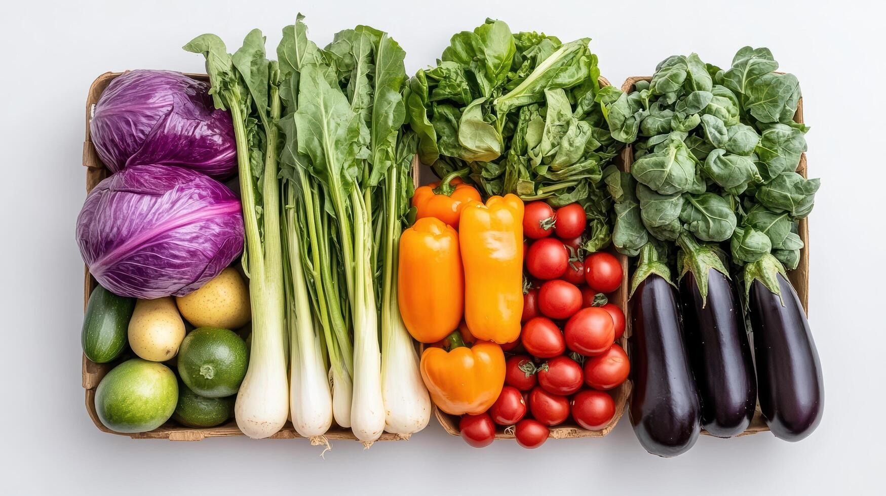 Fresh seasonal produce arranged by color, showcasing vibrant vegetables and greens photo
