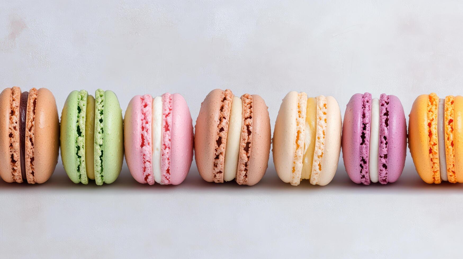Colorful macarons arranged row, showcasing various flavors and textures, creating delightful photo