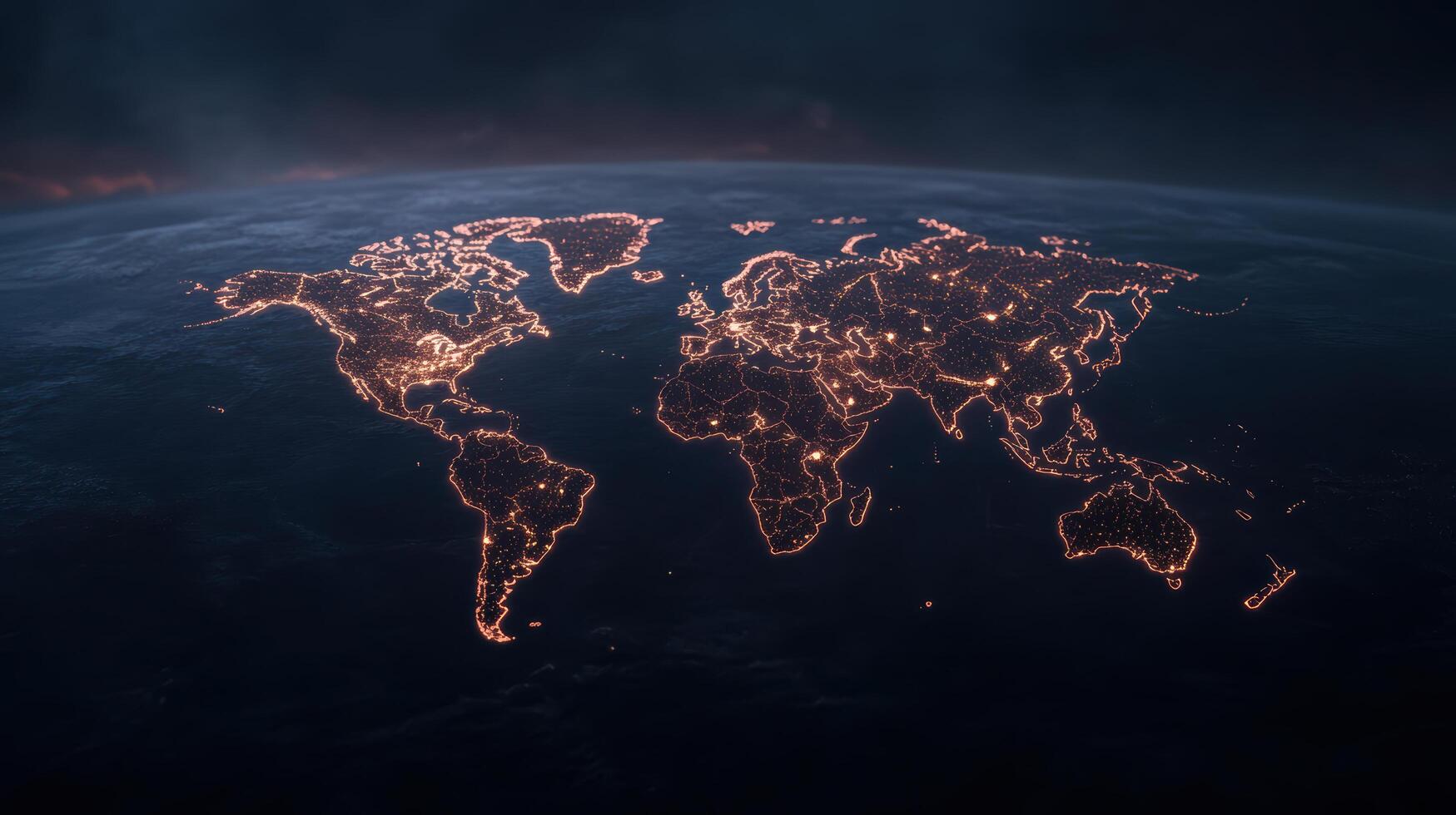 Illuminated world map showcasing city lights night, representing global connectivity photo